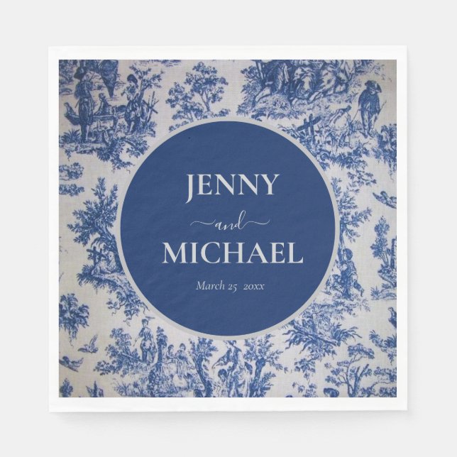 French Toile de Jouy Blue White Elegant Wedding  Napkins (Front)