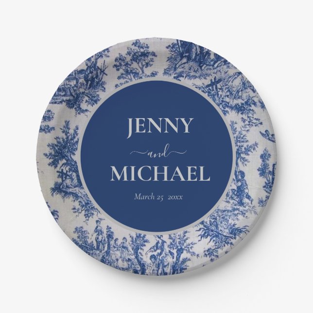 French Toile de Jouy Blue White Elegant Wedding  Paper Plates (Front)