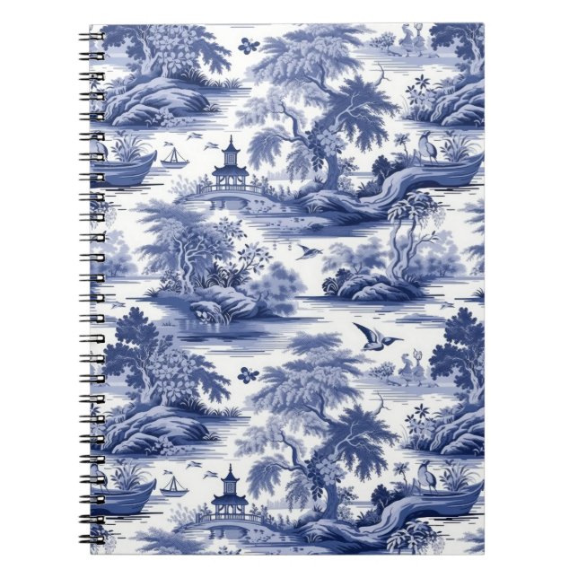 French Toile de Jouy, Blue Willow Pattern Notebook (Front)