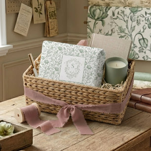 French Toile de Jouy Monogram Crest Sage Green Tissue Paper