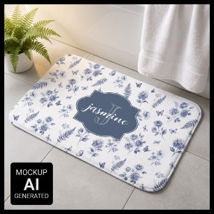 French Toile de jouy Monogram Name Blue Pattern Bath Mat