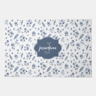 French Toile de jouy Monogram Name Blue Pattern Doormat