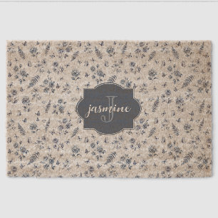 French Toile de jouy Monogram Name Blue Pattern Fiber Doormat
