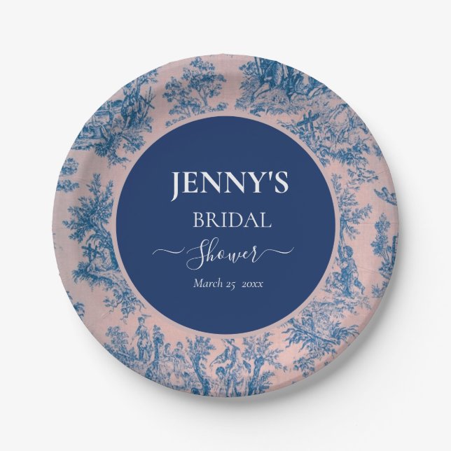 French Toile de Jouy Pink and Blue Bridal Shower Paper Plates (Front)