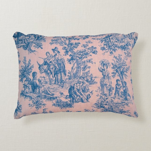 French toile de jouy pink and blue elegant accent pillow (Front)