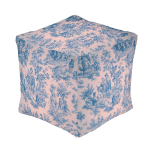 French toile de jouy pink and blue elegant pouf