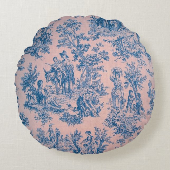 French toile de jouy pink and blue elegant round pillow (Front)