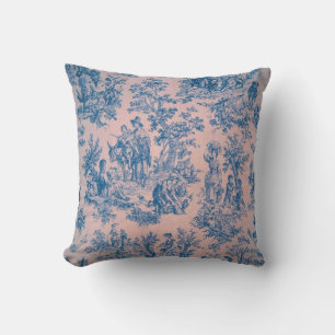 French toile de jouy pink and blue elegant throw pillow
