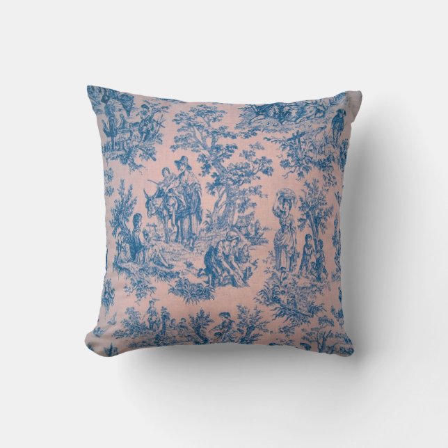 French toile de jouy pink and blue elegant throw pillow (Front)