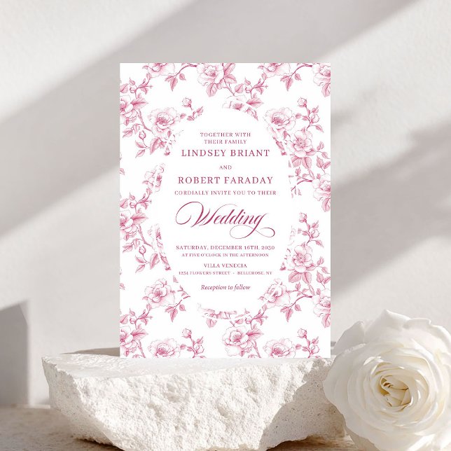 French Toile de Jouy Roses Dusty Pink Wedding  Invitation (French Toile de Jouy Roses Dusty Pink Wedding Invite)