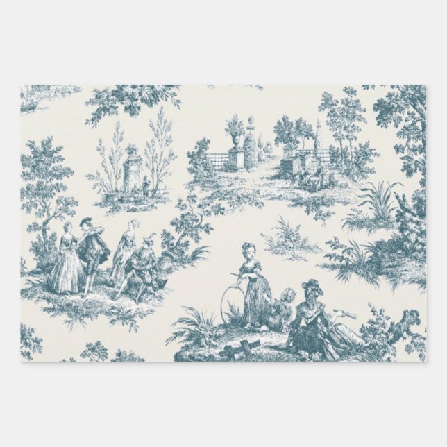 French toile de jouy sage green decoupage wrapping paper sheets (Front)