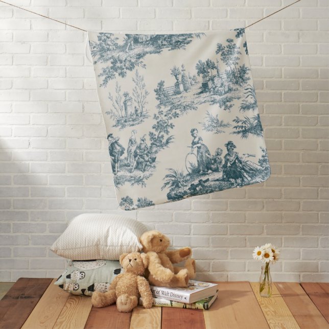 French toile de jouy sage green elegant baby blanket (In Situ)