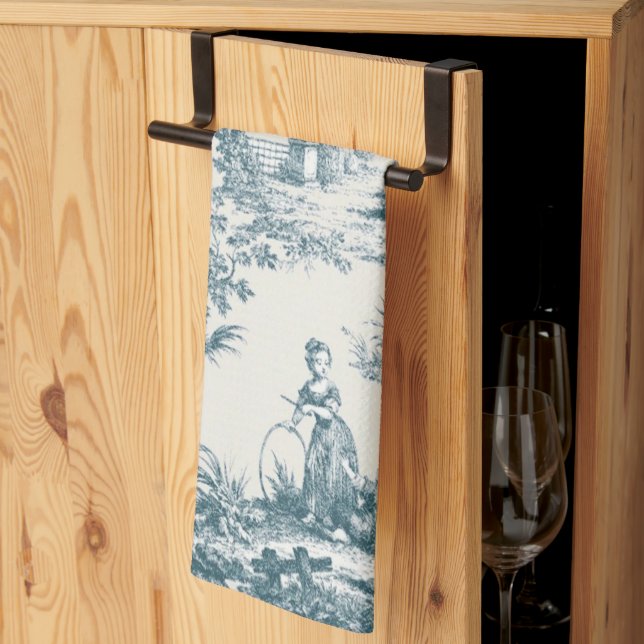 French toile de jouy sage green elegant kitchen towel (Thirds Fold)