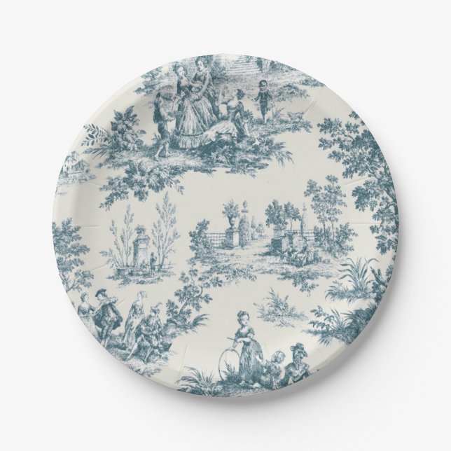 French toile de jouy sage green elegant paper plates (Front)