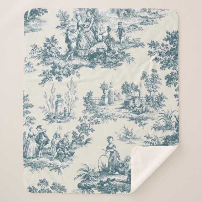 French toile de jouy sage green elegant sherpa blanket (Front)