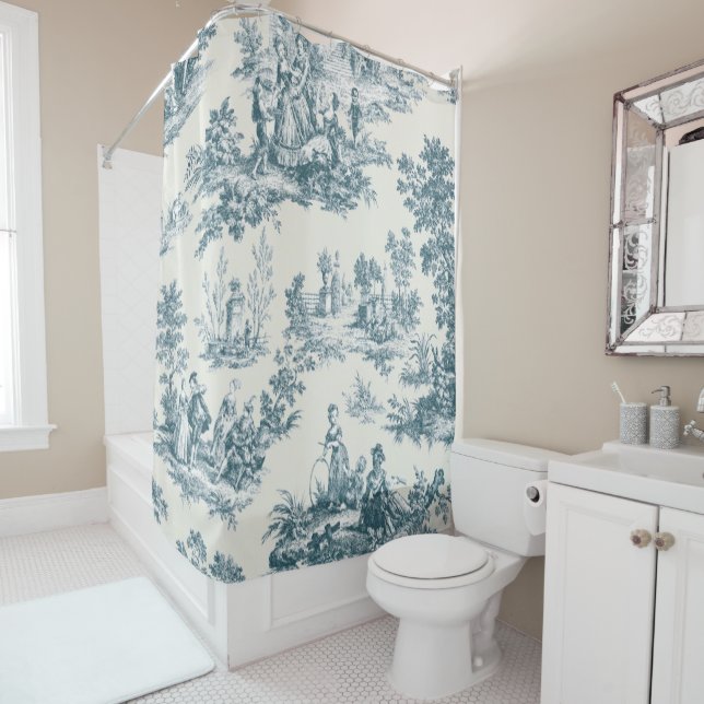 French toile de jouy sage green elegant shower curtain (In Situ)