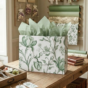 French Toile de Jouy Sage Green Vintage Floral Large Gift Bag
