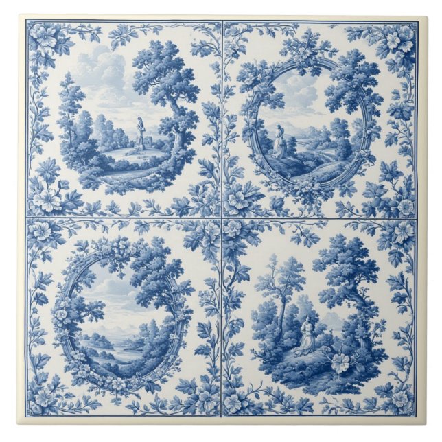 French Toile De Juoy Pastoral Rustic Country Blue  Ceramic Tile (Front)