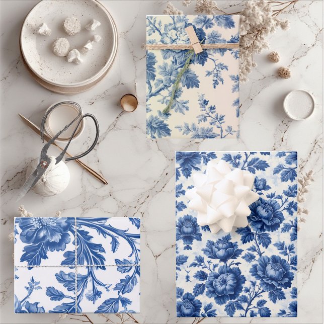French Toile Dreamy Blue Engraved Floral Grandeur Wrapping Paper Sheets (Luxurious French Toile Dreamy Blue Engraved Floral Wrapping Paper Sheets)