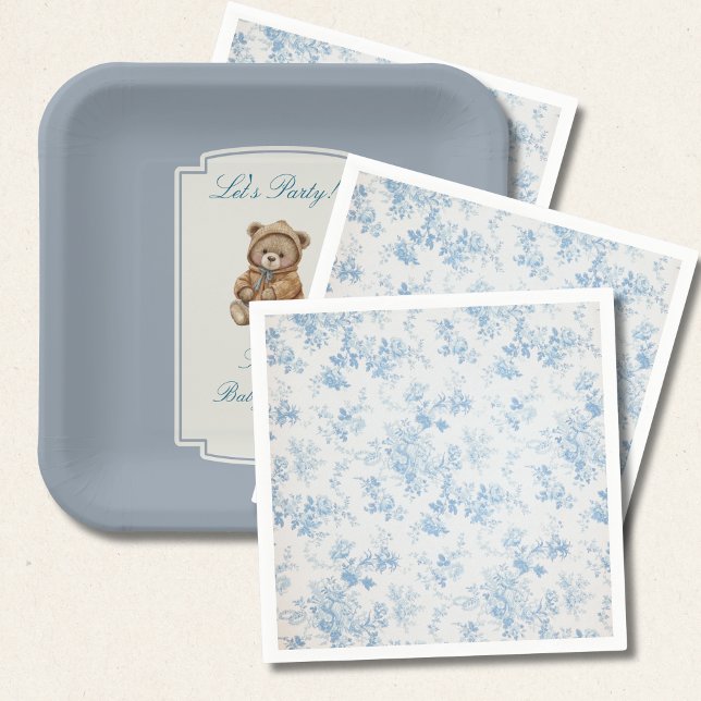 French Toile Dusty Blue Floral Baby Shower Napkins (Creator Uploaded)