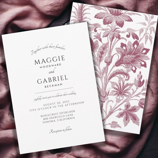 French Toile Dusty Rose Floral Wedding Invitation (Creator Uploaded)