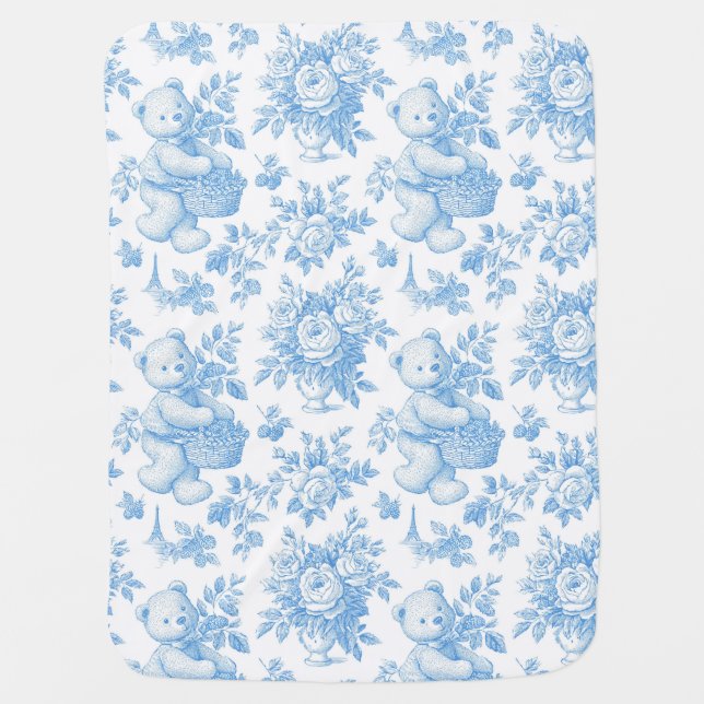 French Toile Floral Bear Baby Shower Baby Blanket (Front)