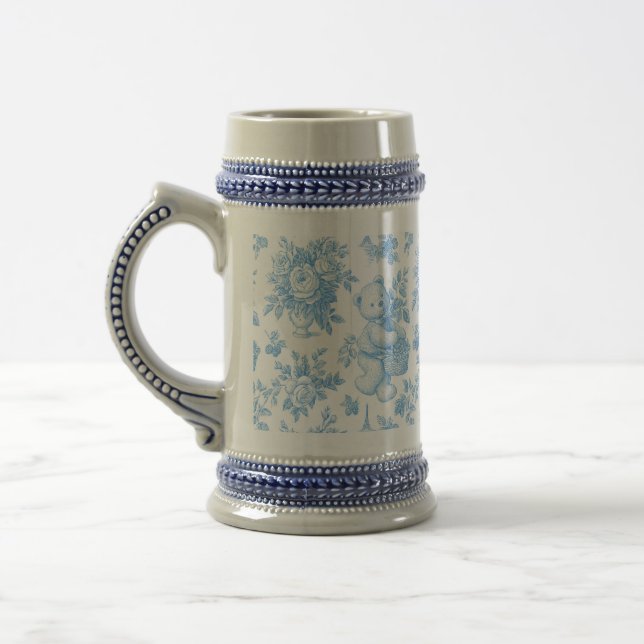 French Toile Floral Bear Baby Shower Beer Stein (Left)