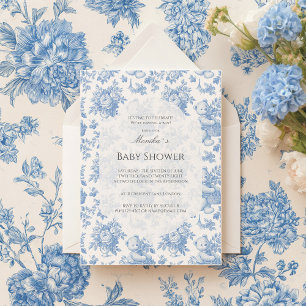 French Toile Floral Bear Baby Shower Invitation