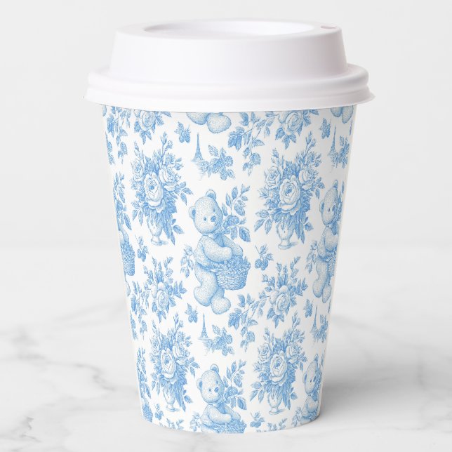 French Toile Floral Bear Baby Shower Paper Cups (Front)