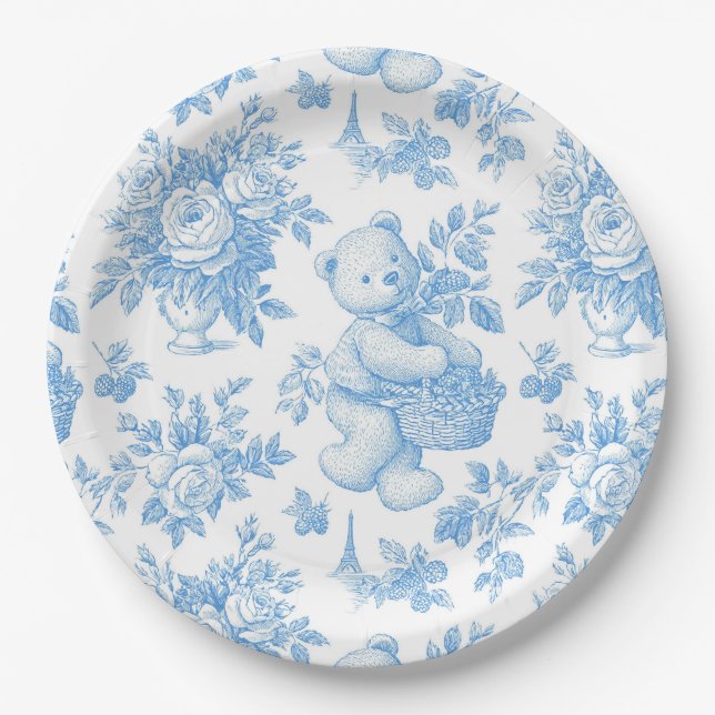 French Toile Floral Bear Baby Shower Paper Plates (Front)