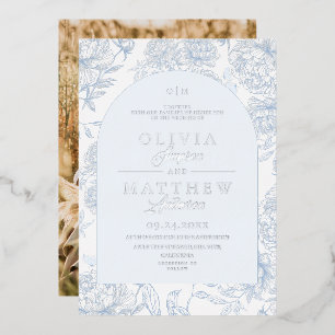 French Toile Floral Blue Wedding Foil Invitation