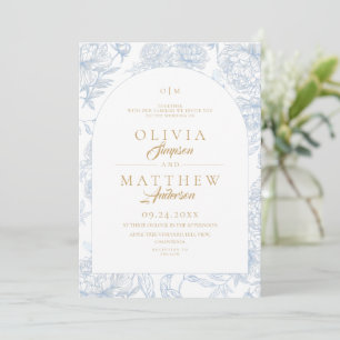 French Toile Floral Dusty Blue Wedding Invitation