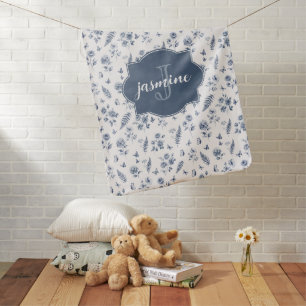 French Toile Monogram Name Watercolor Blue Pattern Baby Blanket