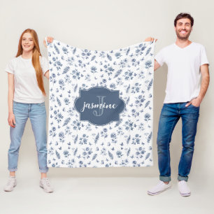 French Toile Monogram Name Watercolor Blue Pattern Fleece Blanket
