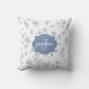 French Toile Monogram Name Watercolor Blue Pattern Throw Pillow