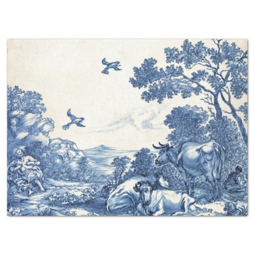 French Toile Pastoral Cow Blue Country Vintage  Tissue Paper
