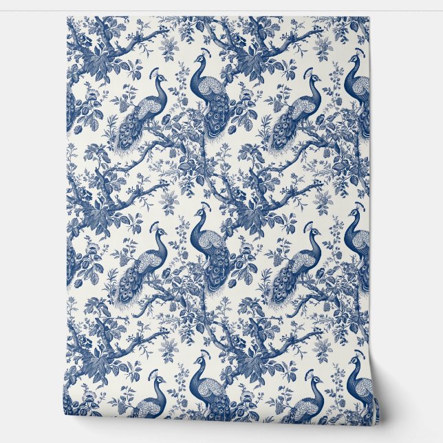 French Toile Peacock Pattern Wallpaper (Unrolling)