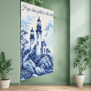 French Toile Porcelain Style Blue White Lighthouse Metal Print