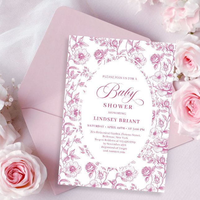 French Toile Roses Dusty Pink Baby Shower Invite (French Toile Roses Dusty Pink Baby Shower Invitation)
