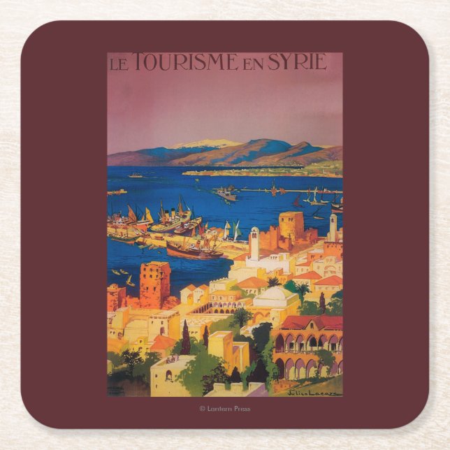 French Travel Poster, Touring in Syria Square Paper Coaster (Front)