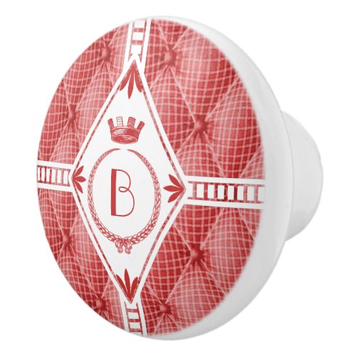 French Trompe Loeil Tufted Red Diamond Monogram Ceramic Knob