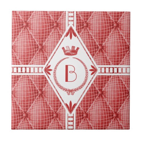 French Trompe Loeil Tufted Red Diamond Monogram Ceramic Tile