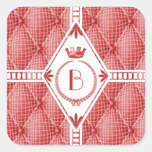 French Trompe Loeil Tufted Red Diamond Monogram Square Sticker