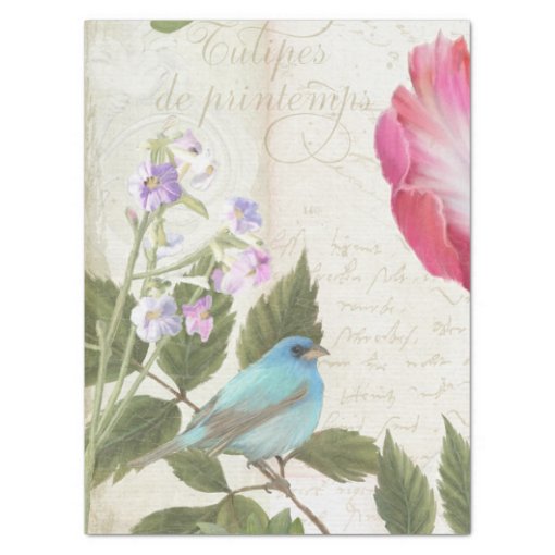 French Tulip Flowers Blue Bird Ephemera Decoupage Tissue Paper | Zazzle