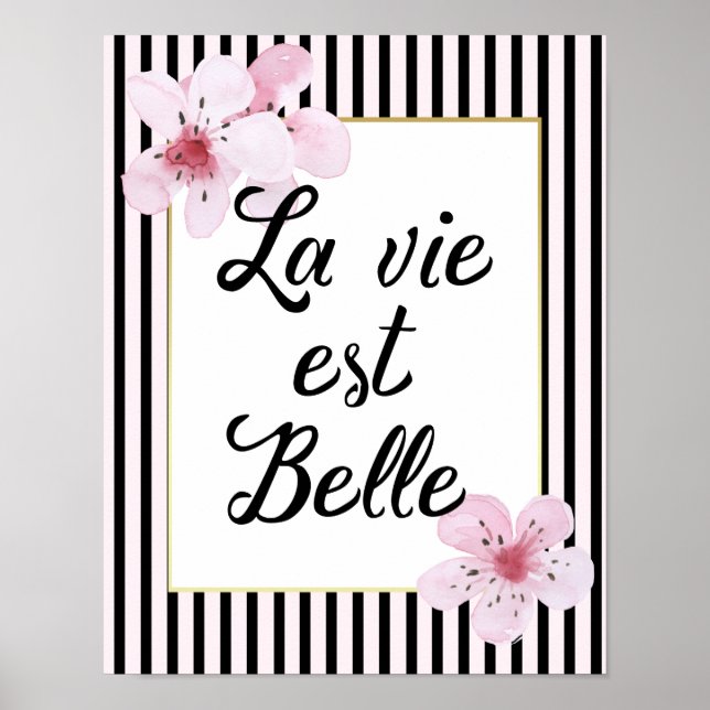 French Typography Black and Pink Striped Blossoms Poster (Front)