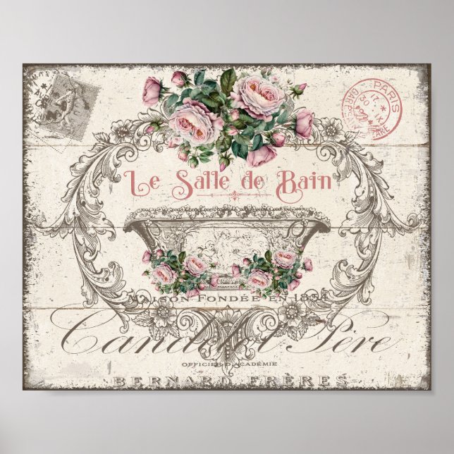 French Victorian Bathtub Cherubs Pink Roses Poster (Front)