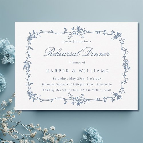 French Victorian Blue Floral Rehearsal Dinner Invitation