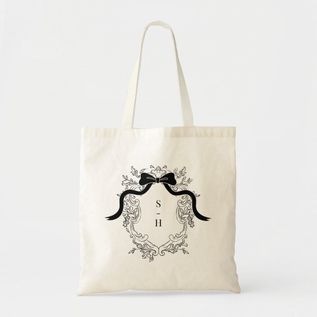 French Victorian Crest Bow Monogram Wedding Favor Tote Bag (Front)