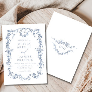 French Victorian Dusty Blue Wedding Monogram Invitation