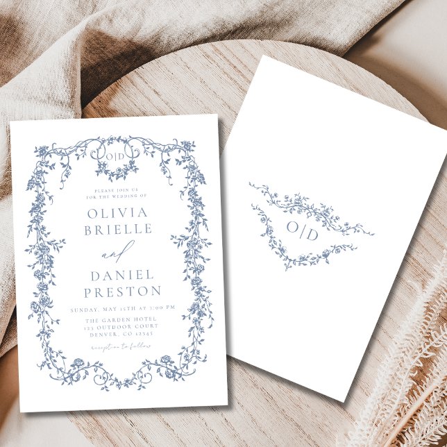 French Victorian Dusty Blue Wedding Monogram Invitation (Creator Uploaded)